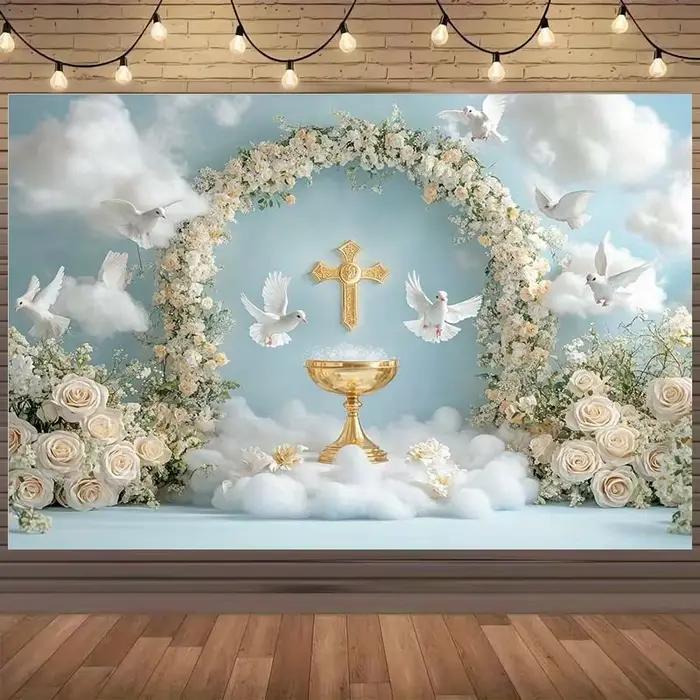 1 bannière 2D, calice doré, colombe blanche et arc floral - décoration de mariage et de fête, adapté