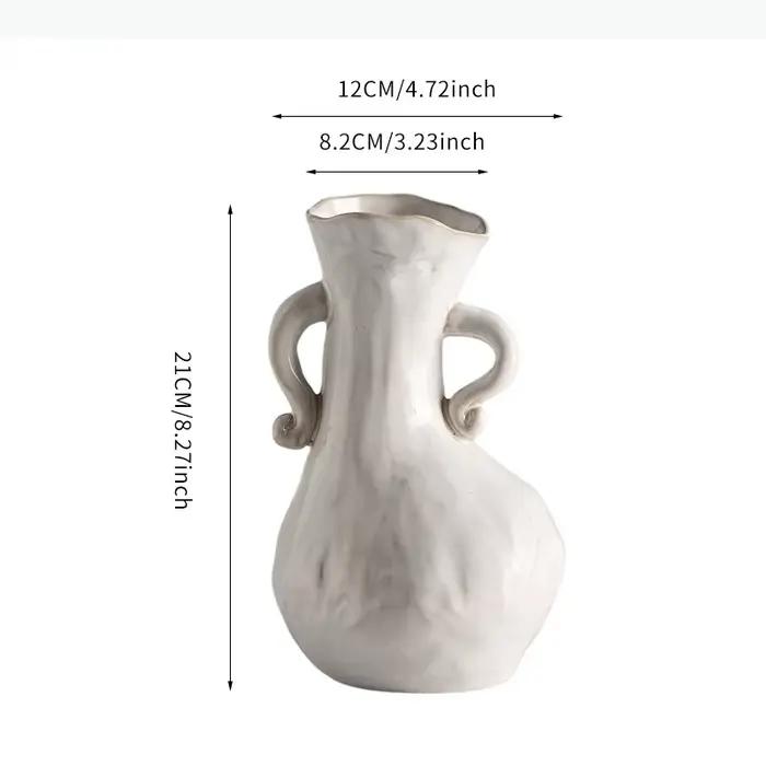Vase en céramique blanc, vase à double anse, poignée abstraite, pot de fleurs irrégulier, artisanat 
