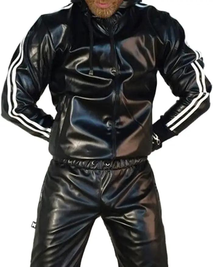 Costume à capuche en cuir PU pour hommes, vêtements de sport décontractés, Jogging, vêtements de spo