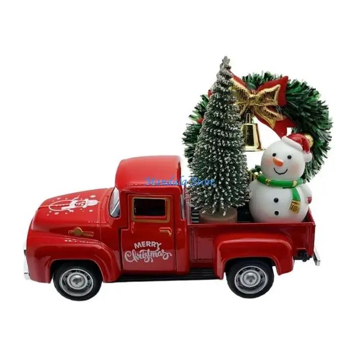 U2JC – décorations camion noël, pick-up en métal avec cloches à nœud papillon, couronne noël, orneme