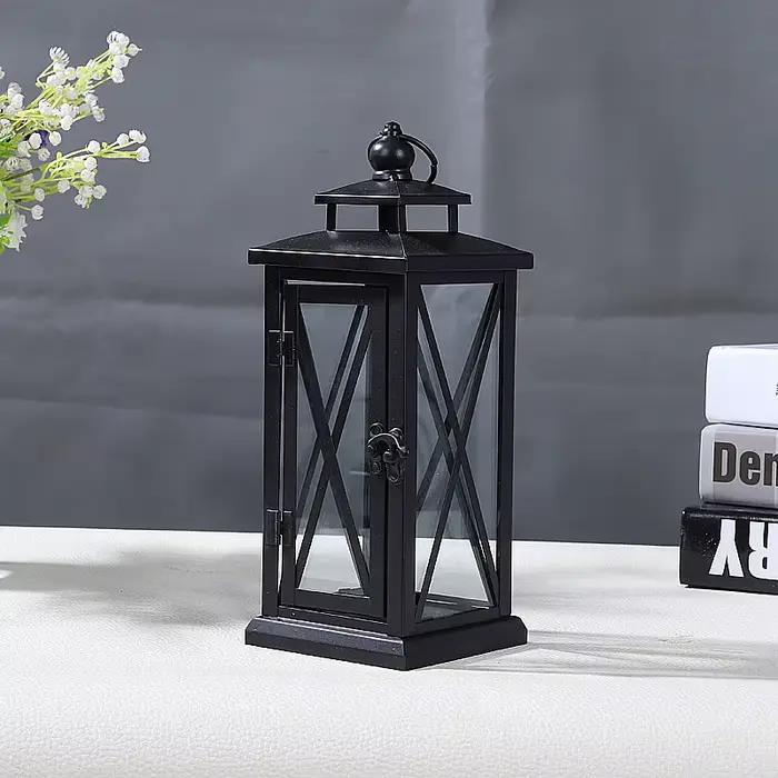 Lanterne coupe-vent en verre, porte-bougie en métal, grand modèle noir, design moderne, chandelier m