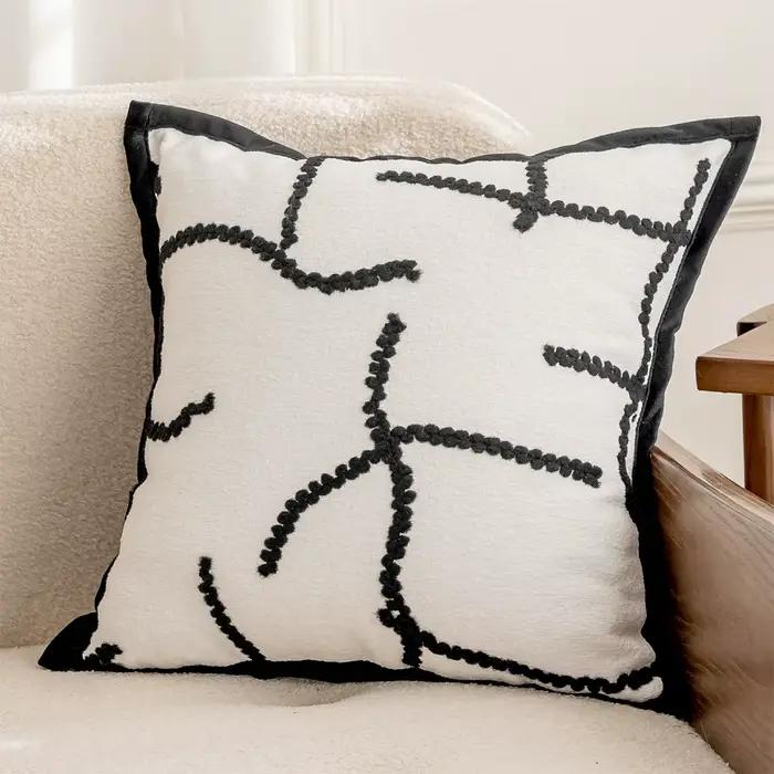 Housse de coussin tuftée noire et blanche, taie d'oreiller géométrique brodée, housse de coussin déc