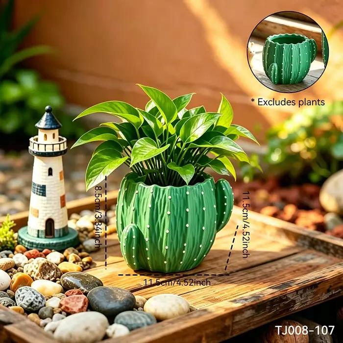 Pot de fleurs en résine en forme de cactus vert de dessin animé, petit récipient pour plantes succul