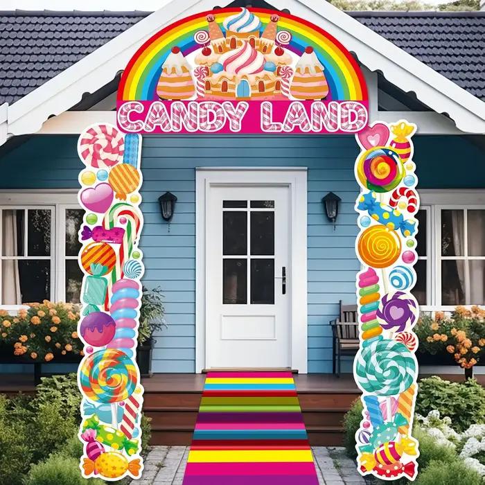 Décorations de fête Candyland, 4 pièces, couvertures de porte de bonbons, bannière suspendue de noël