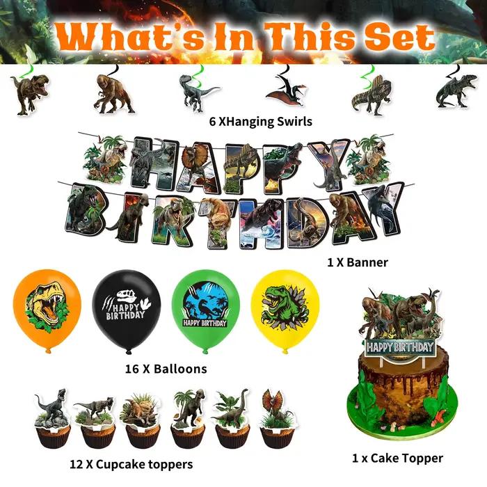 Décorations de fête d'anniversaire sur le thème des dinosaures, comprenant une bannière, un topper p