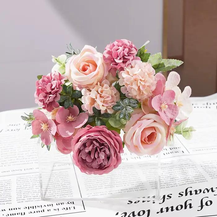 Bouquet de fleurs artificielles en soie (rose, pivoine, hortensia, œillet) avec vase pour la décorat