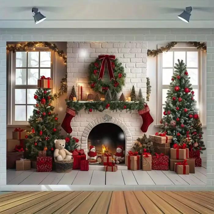 Tissu de fond de cheminée blanche de Noël, polyester, adapté à la décoration de Noël et à la décorat