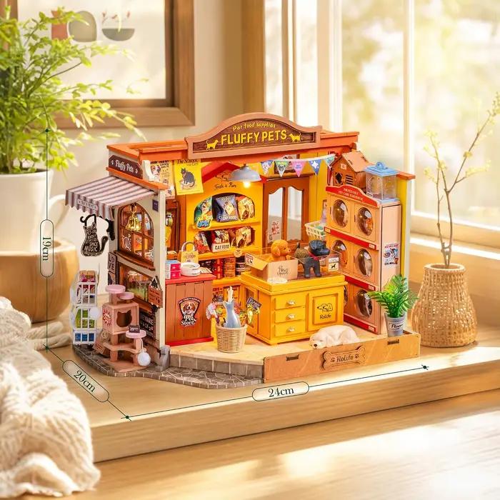 Kit de maison de poupée miniature Rolife Pet Store DIY, modèle de puzzle 3D en bois Fluffy Friends S