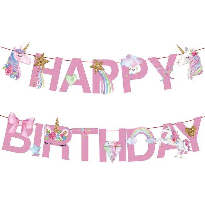 Bannière de joyeux anniversaire sur le thème de la licorne, fournitures pour cadeaux de décoration d
