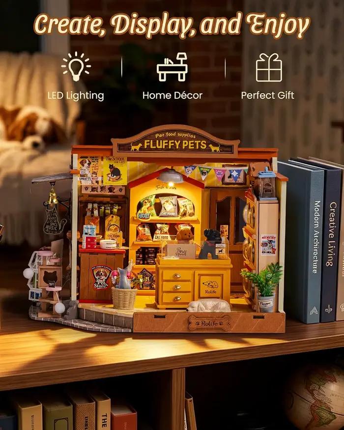 Kit de maison de poupée miniature Rolife Pet Store DIY, modèle de puzzle 3D en bois Fluffy Friends Store, diorama pour la décoration de la maison