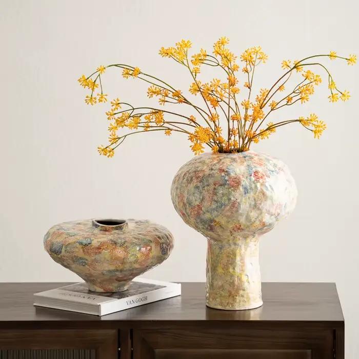 Vase en céramique fait main motifs colorés irréguliers vase à fleurs bouteille vintage accessoire arrangement floral décoration intérieure moderne occasionnels