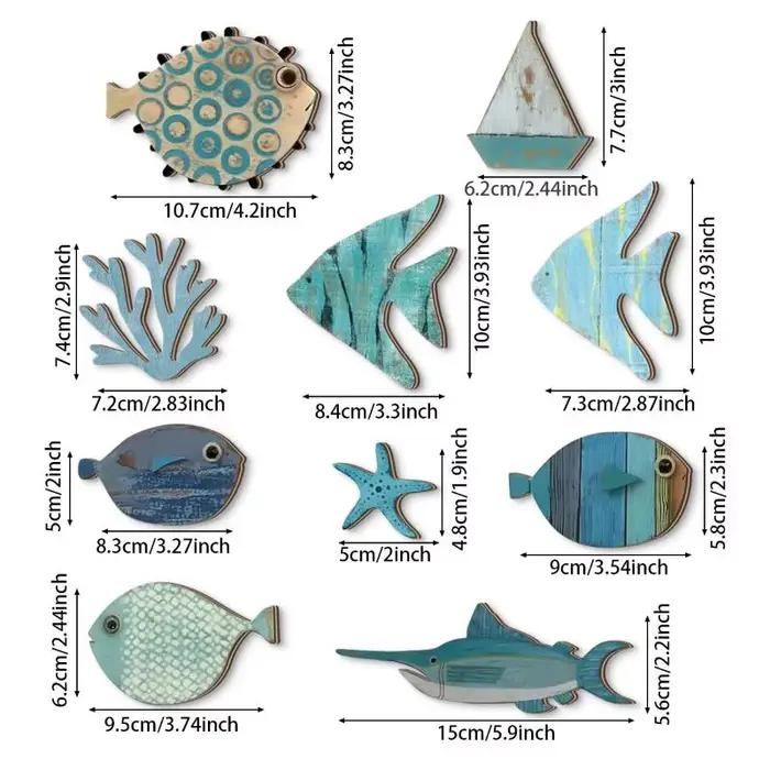 Lot de 10 décorations murales en bois en forme de poisson