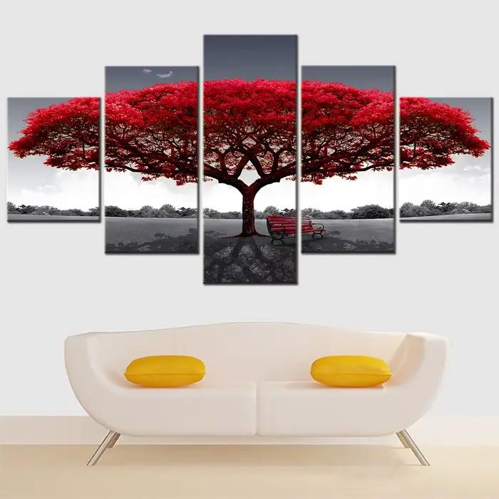 Nature 5 pièces toile Art décoration murale peinture abstraite arbre rouge coucher de soleil Photo modulaire