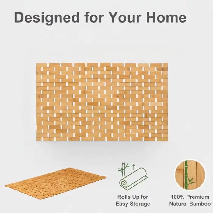 Tapis de bain et de douche en bambou – Design à lattes en bois enroulables avec base antidérapante, facile à nettoyer et à séchage rapide, tapis de bain antidérapant
