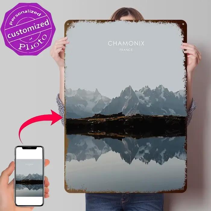 Plaque Métallique Vintage Personnalisée avec Impression 3D Texture Art Voyage Chamonix France pour Décoration Murale