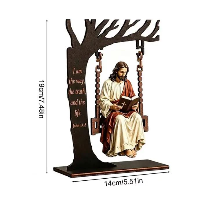 Statue en résine Jésus sur balançoire, figurine religieuse chrétienne, Jésus lisant la Bible, décoration de bureau et de maison chrétienne