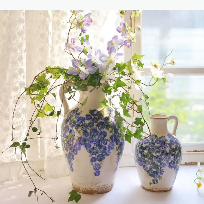 Vase en porcelaine bleue et blanche, pot rétro en céramique, fleurs bleues peintes à la main, pot de fleurs hydroponique, accessoires de décoration pour la maison