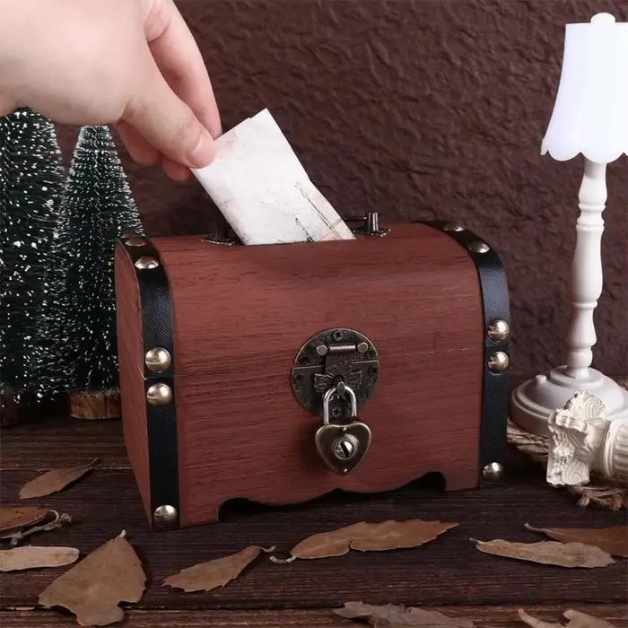 Boîte de rangement décorative créative en bois pour pièces de monnaie boîte au trésor boîte d'économie d'argent pour collection et décoration intérieure occasions spéciales cadeau pour anniversaire noël