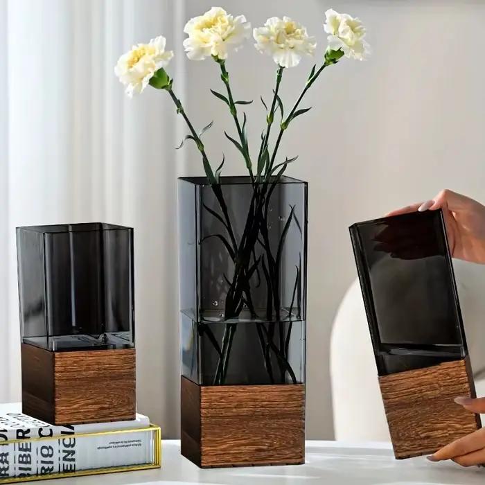 Vase de luxe combiné rustique en bois et verre avec base