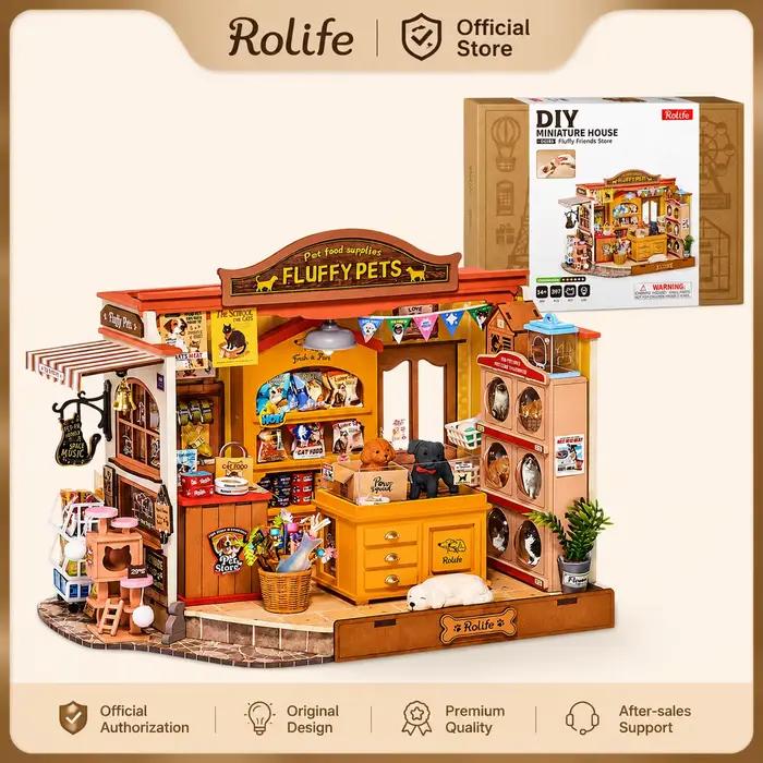 Kit de maison de poupée miniature Rolife Pet Store DIY, modèle de puzzle 3D en bois Fluffy Friends Store, diorama pour la décoration de la maison