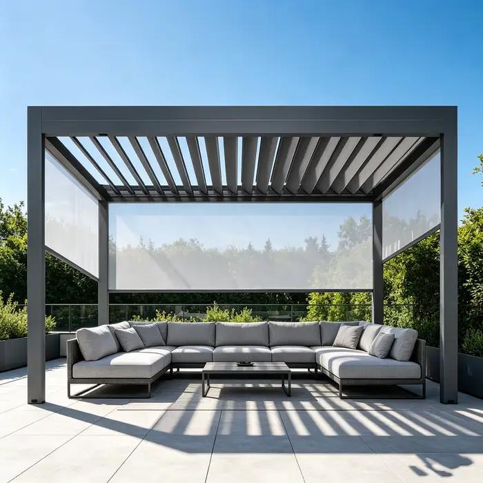 Pergola bioclimatique avec lames orientables, structure extérieure idéale pour patio, cour et jardin, espace de détente toutes saisons