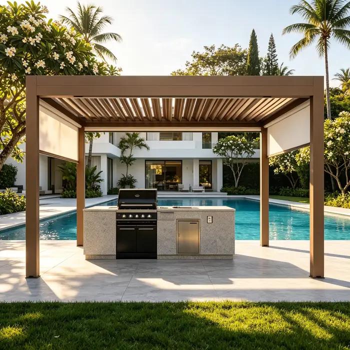 Pergola bioclimatique avec lames orientables, structure extérieure idéale pour patio, cour et jardin, espace de détente toutes saisons