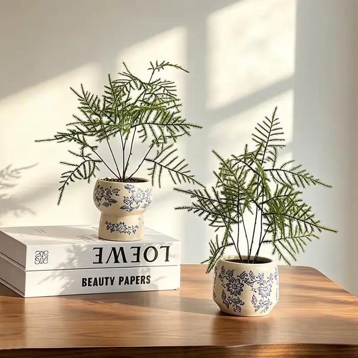 Pot de fleurs en céramique rétro style Zen avec fougère asperge artificielle pour la décoration apaisante de la maison