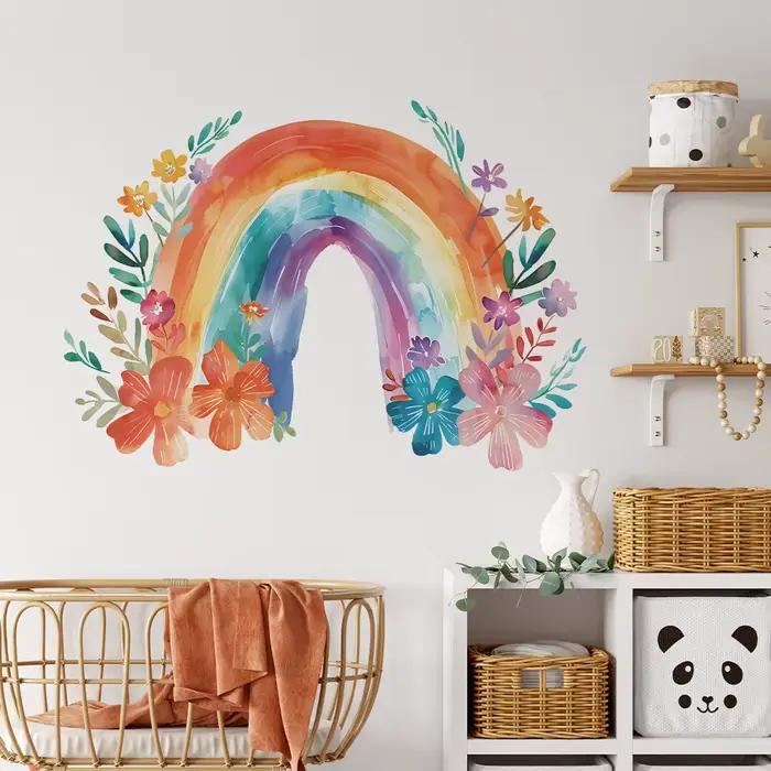 Autocollant mural arc-en-ciel avec feuilles et fleurs colorées