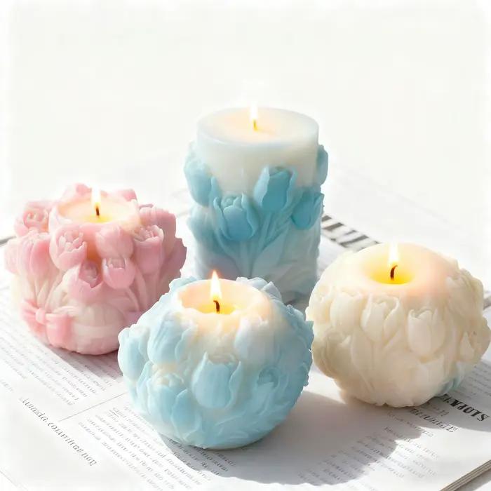 Moule à bougie en Silicone en Relief tulipe, cadeau de saint-valentin, bricolage de fleurs, cylindre d'arôme, moules en gypse, fournitures de fabrication de bougies faites à la main