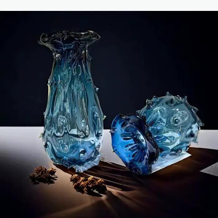 Vase en verre bleu à ondulations, accessoires pour arrangements floraux, hydroponie, terrarium, pot de fleurs, accessoires de décoration intérieure