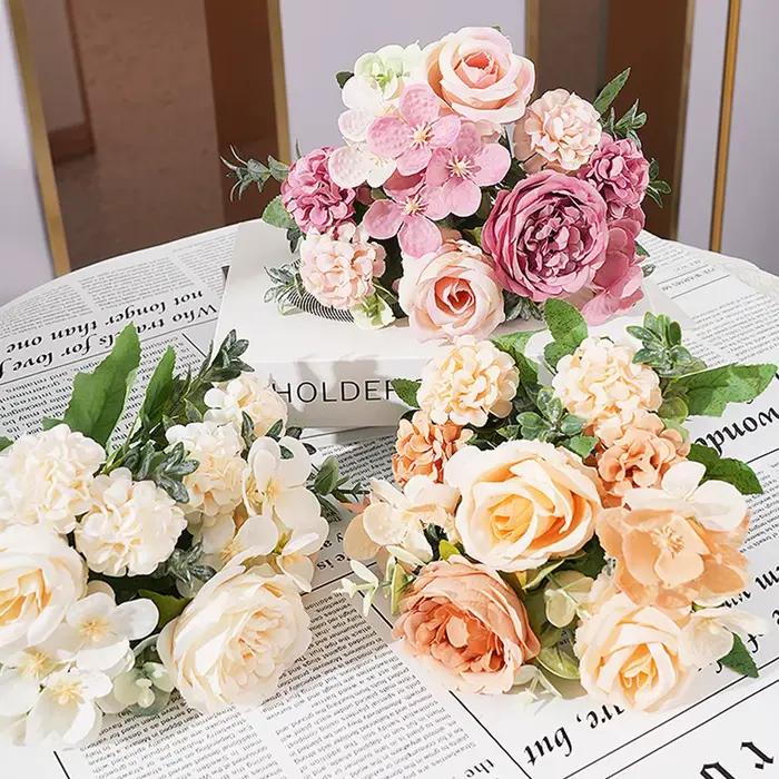 Bouquet de fleurs artificielles en soie (rose, pivoine, hortensia, œillet) avec vase pour la décoration de la maison, des fêtes, du bureau, des mariages, des chambres et comme accessoires de bricolage
