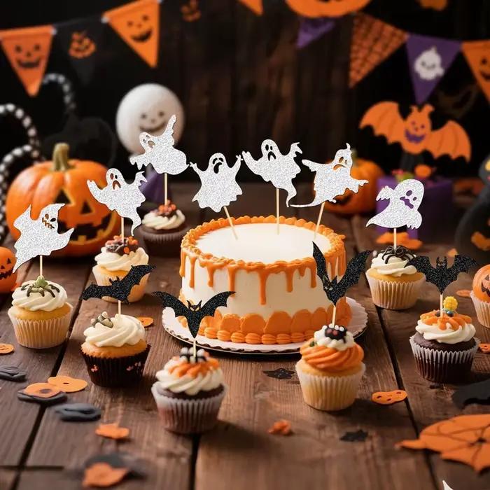 NUBECOM 24 pièces décoration de gâteau d'halloween paillettes fantôme et chauve-souris décoration de gâteau d'anniversaire décoration de gâteau de fête d'halloween