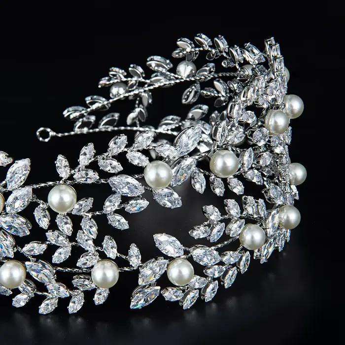 Accessoires pour cheveux de mariage, bandeau de mariée, diadèmes en cristal CZ, perles, diadèmes et couronnes de mariée élégantes, couvre-chef pour fête d'anniversaire pour femmes