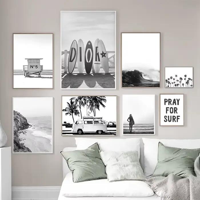 Affiche de photographie de paysage de plage de palmier noir et blanc