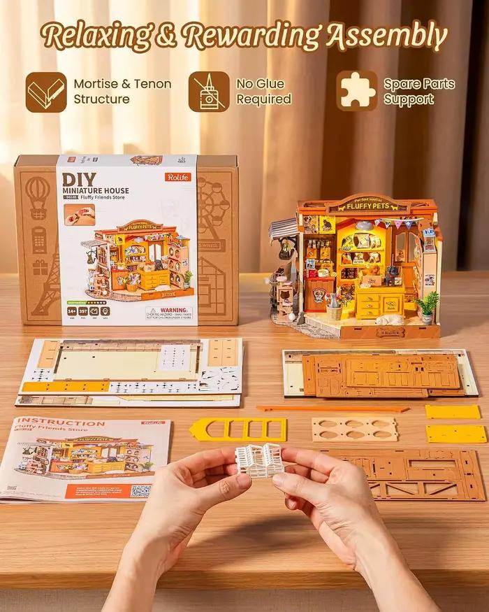 Kit de maison de poupée miniature Rolife Pet Store DIY, modèle de puzzle 3D en bois Fluffy Friends Store, diorama pour la décoration de la maison