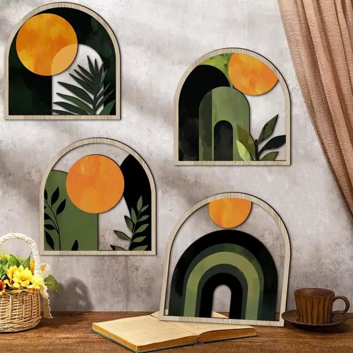4 Pièces Décoration Murale Ronde en Bois Style Bohème, Cercle Creux Bohème, Décoration Murale Minimaliste Neutre, Panneau Mural Suspendu Style Ferme
