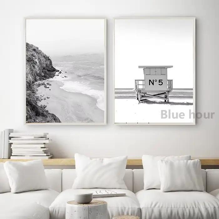 Affiche de photographie de paysage de plage de palmier noir et blanc