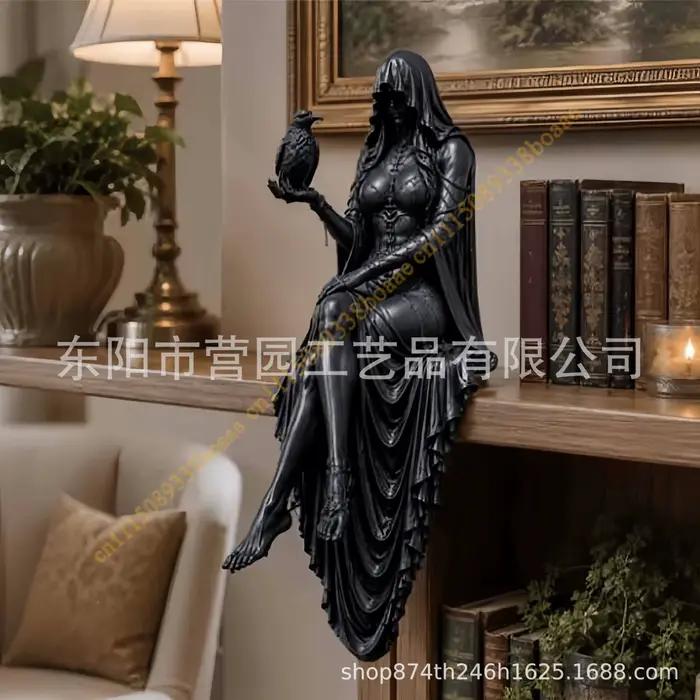 Statue Gothique Dame Sans Visage Corbeau en Résine Noire
