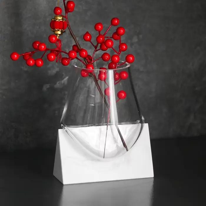 Vase en verre avec base en marbre, vase à fleurs abstrait irrégulier et fluide, hydroponie, terrarium, accessoires pour arrangements floraux, décoration de la maison