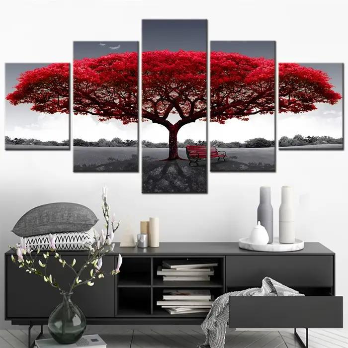 Nature 5 pièces toile Art décoration murale peinture abstraite arbre rouge coucher de soleil Photo modulaire