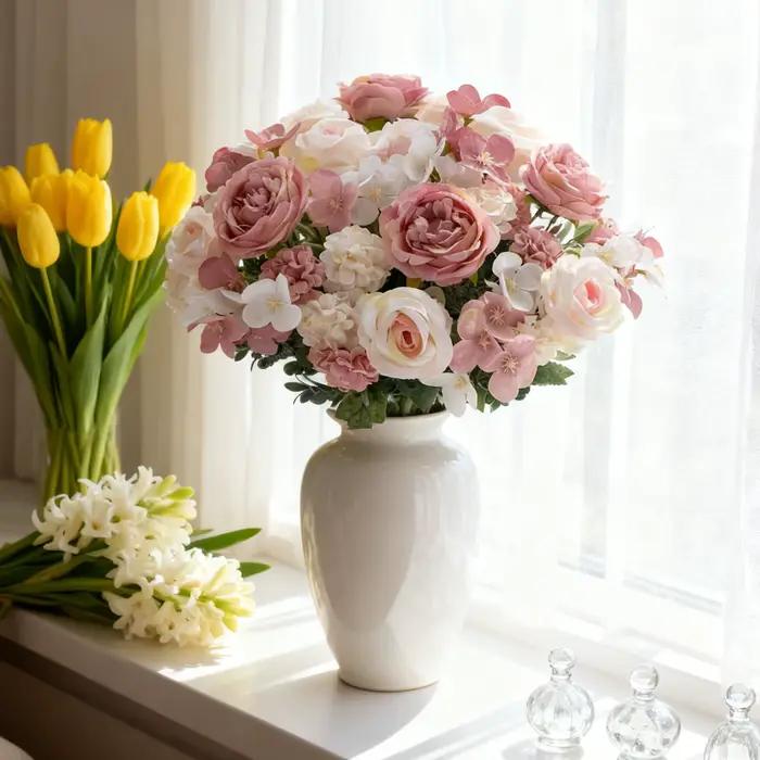 Bouquet de fleurs artificielles en soie (rose, pivoine, hortensia, œillet) avec vase pour la décoration de la maison, des fêtes, du bureau, des mariages, des chambres et comme accessoires de bricolage