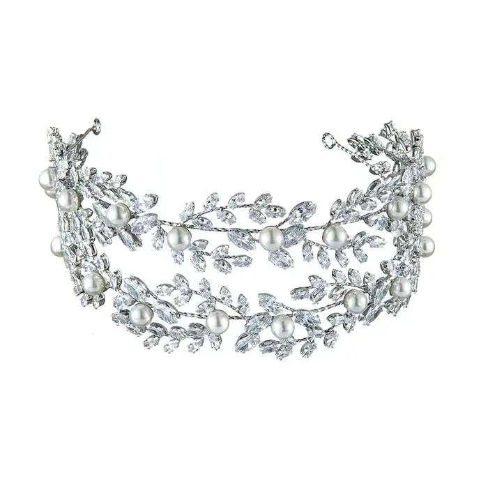 Accessoires pour cheveux de mariage, bandeau de mariée, diadèmes en cristal CZ, perles, diadèmes et couronnes de mariée élégantes, couvre-chef pour fête d'anniversaire pour femmes