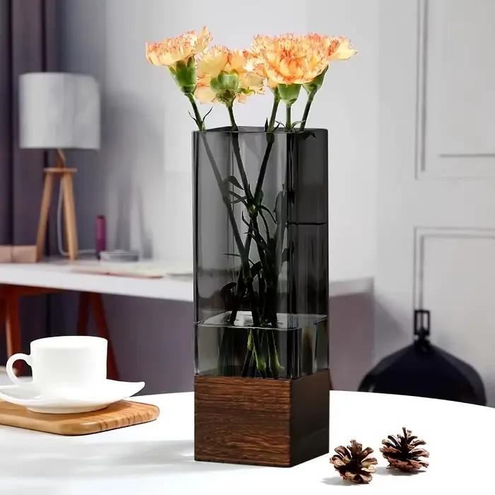 Vase de luxe combiné rustique en bois et verre avec base