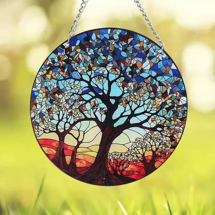 Arbre de vie rond peint en acrylique