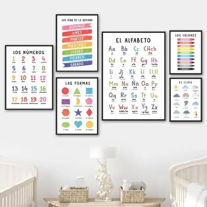 Affiches éducatives d'art mural avec chiffres et météo de l'alphabet espagnol
