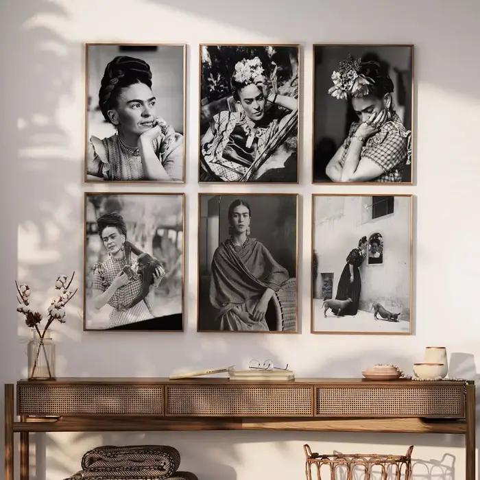 Toile de Portrait de Femme Mexicaine Frida Kahlo Art Rétro Noir et Blanc Impression sur Toile Décoration Salon Maison Occasions Spéciales