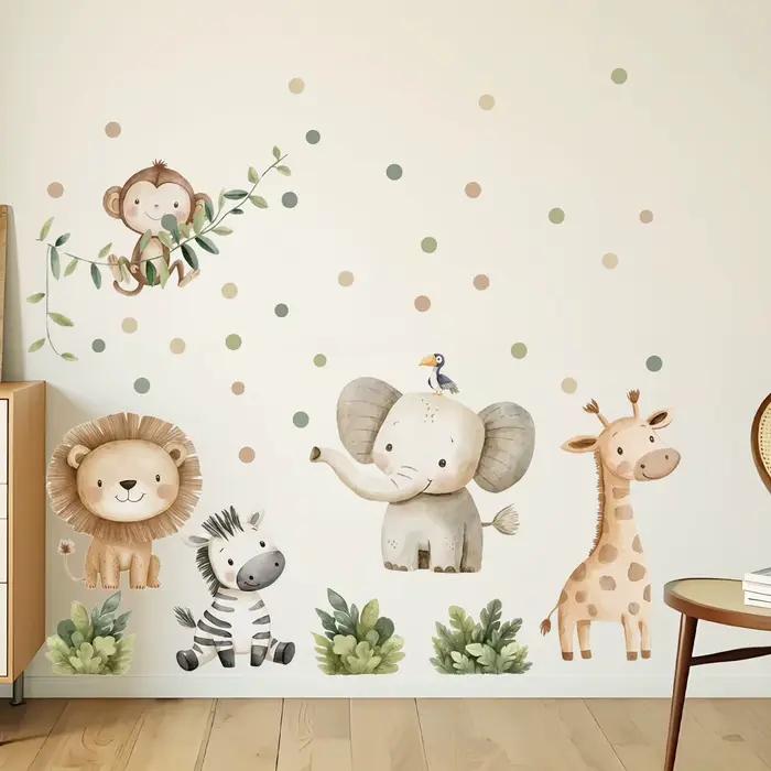 Autocollant mural en vinyle style bohème aquarelle jungle avec animaux sauvages - Lion, girafe, éléphant, zèbre et feuillage vert pour la décoration intérieure