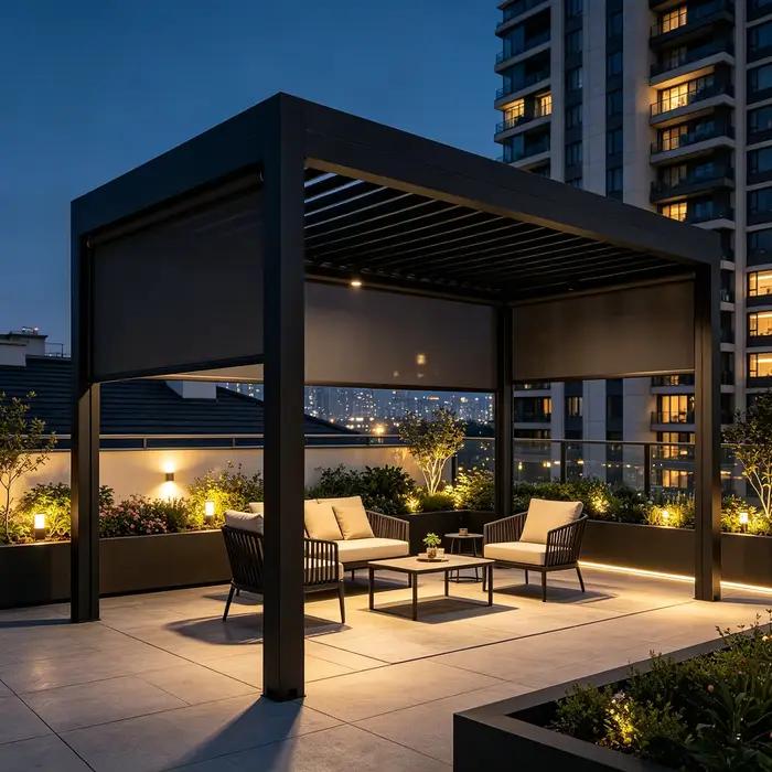 Pergola bioclimatique avec lames orientables, structure extérieure idéale pour patio, cour et jardin, espace de détente toutes saisons