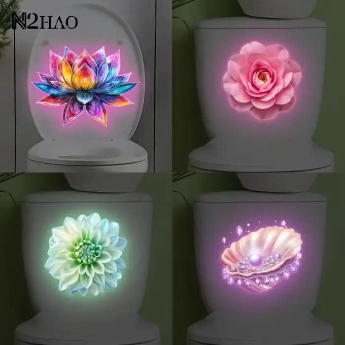 Autocollant de toilette lumineux pour salle de bain, veilleuse Lotus, autocollant mural pour housse de siège de toilette, auto-adhésif en PVC, imperméable, décoration de maison