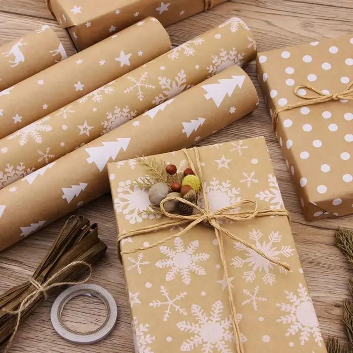 Papier d'emballage décoratif marron, rouleau de papier cadeau de noël, emballage Kraft rétro arbre de noël flocon de neige, papier d'emballage cadeau, bricolage